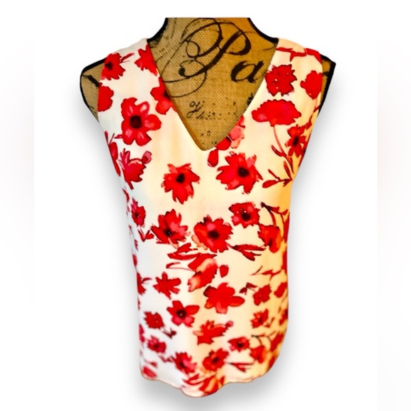Kenar Tops - Kenar Sleeveless Pink Red & White Floral Printed Flowy V-Neck Tank Top Blouse XL